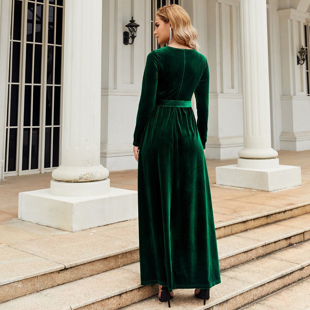 Elegant Velvet Maxi Dress - Autumn Winter Long Sleeve Floor Length Evening Gown